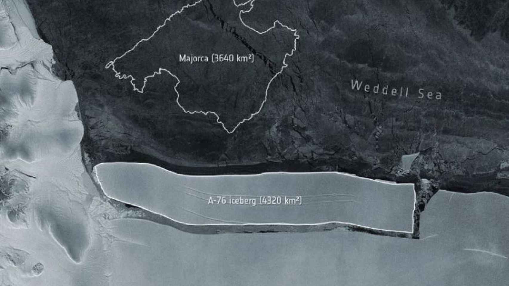 El iceberg más grande del mundo, A-76, comparado con la superficie de Mallorca.