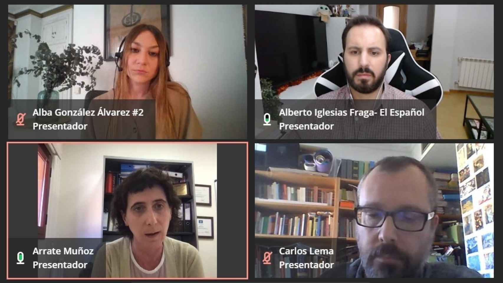 Imagen del panel de investigadores de la UC3M en salud con Arrate Muñoz, Carlos Lema y Alba González.