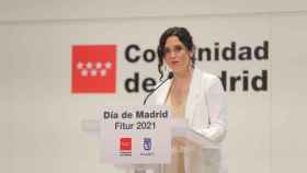 La presidenta de la Comunidad en funciones, Isabel Díaz Ayuso, interviene en los actos de celebración del Día de Madrid en Fitur, a 21 de mayo de 2021.