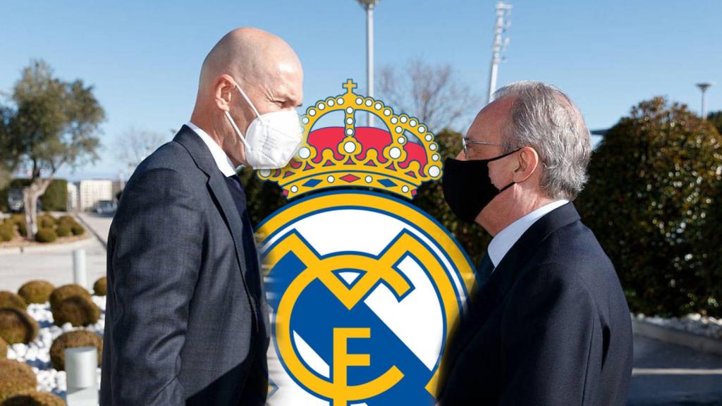 Zinedine Zidane y Florentino Pérez, en un fotomontaje con el escudo del Real Madrid