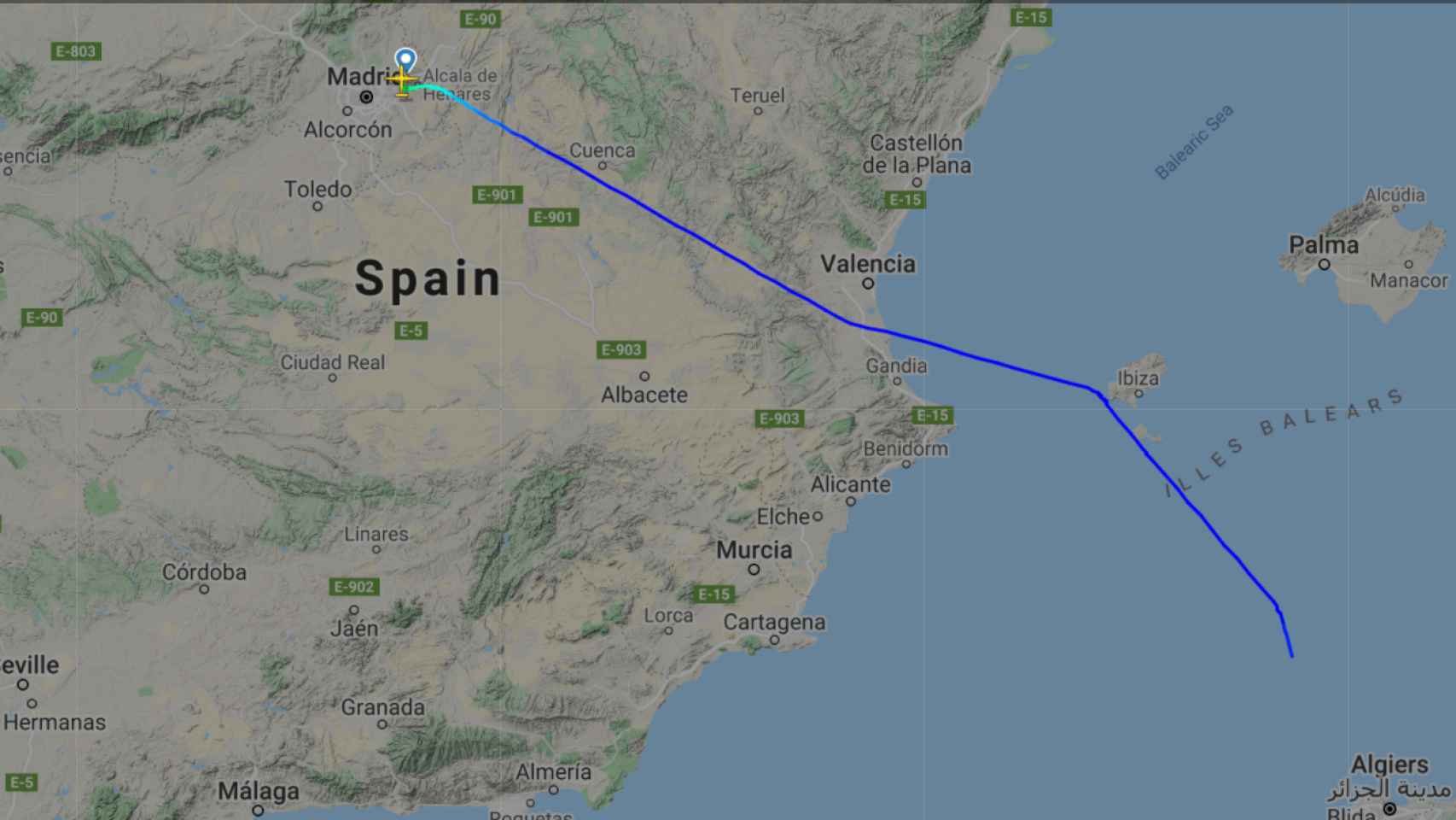 La trayectoria que ha seguido el vuelo militar, procedente de Argel, que este lunes ha aterrizado en Torrejón (Madrid).