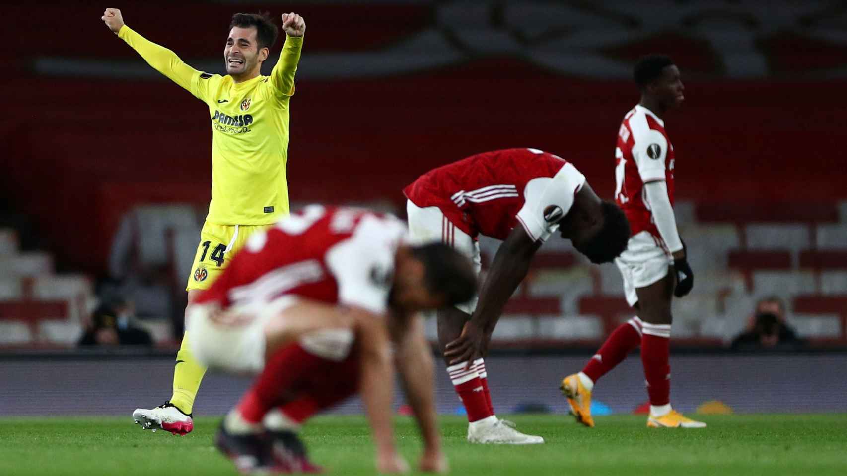 Manu Trigueros celebra la victoria del Villarreal ante el Arsenal