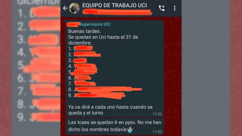 Captura de WhatsApp donde se reorganiza el trabajo en función del personal.