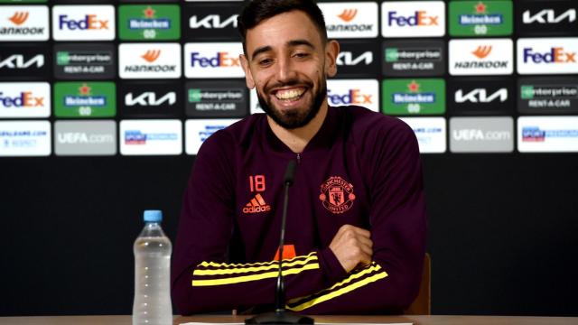 Bruno Fernandes, en rueda de prensa de la Europa League