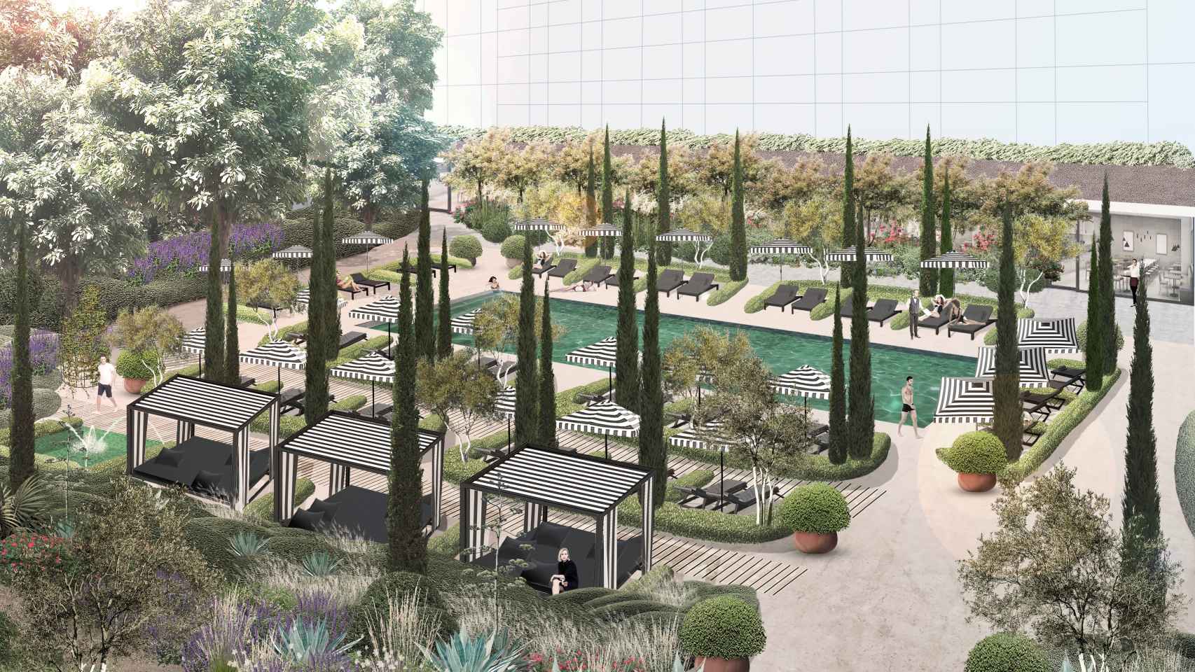 Diseño de la zona de piscina y jardines.