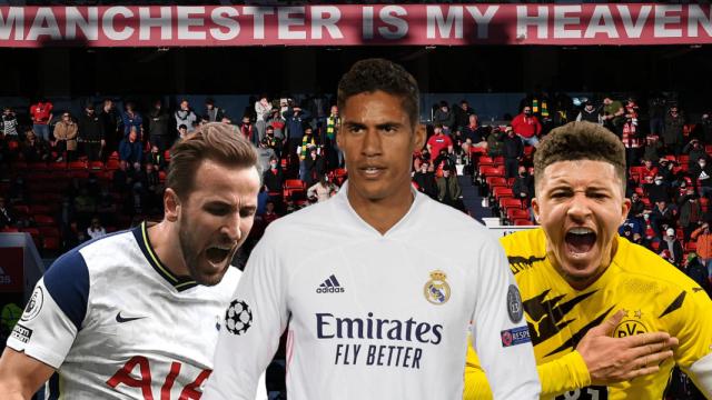 Harry Kane, Raphael Varane y Jadon Sancho, en un fotomontaje con la grada de Old Trafford