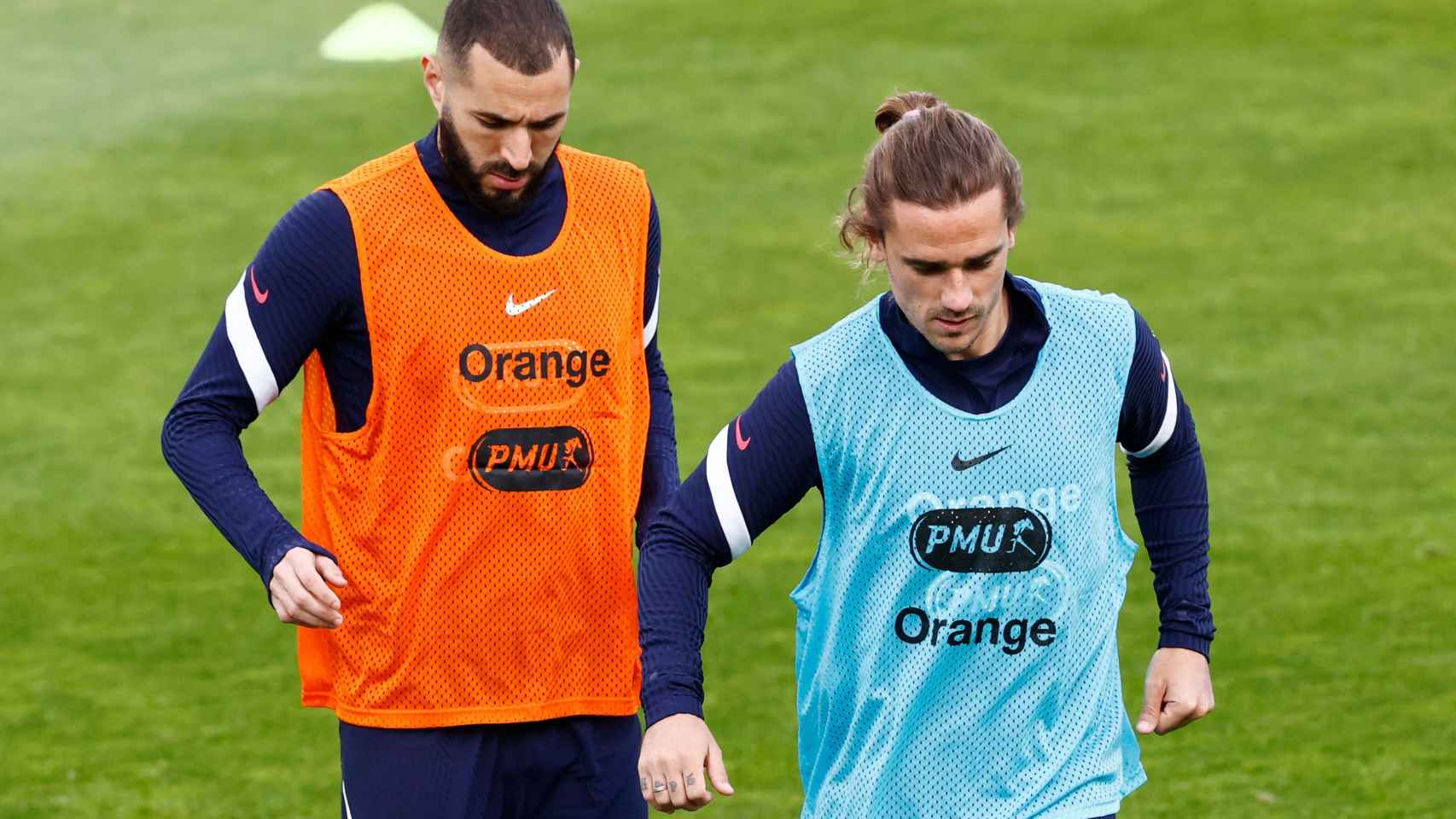 Karim Benzema y Antoine Griezmann, en un entrenamiento de la selección de Francia