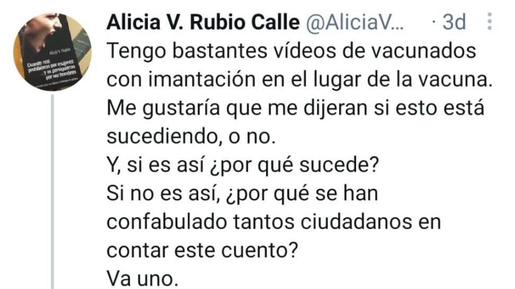 Captura de un tuit de Alicia Verónica Rubio antes de que Twitter procediera a borrarlo.