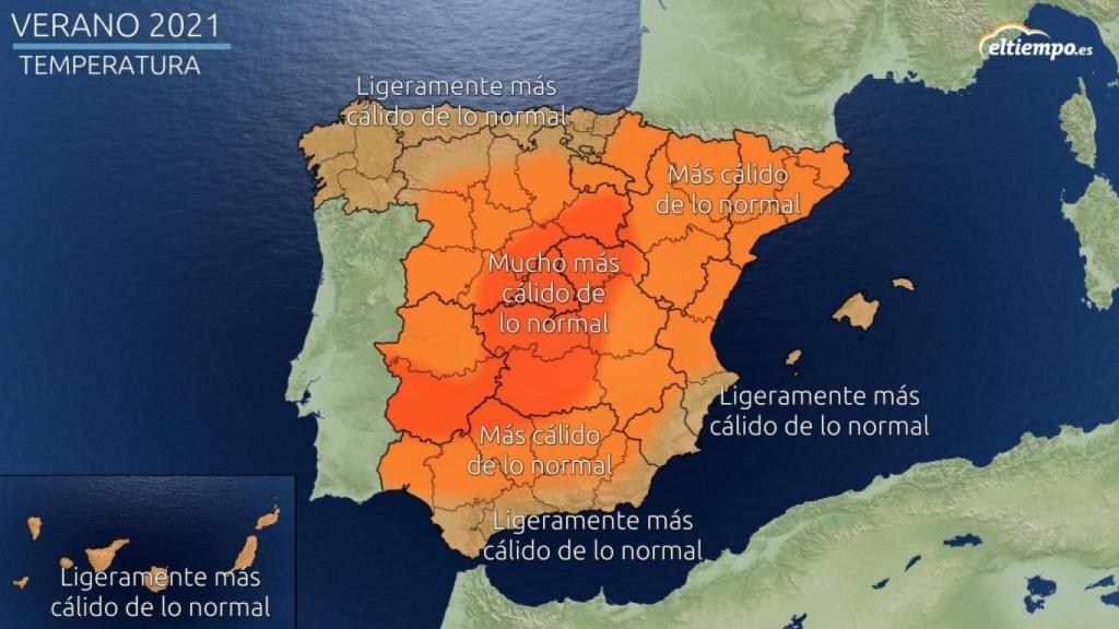 Anomalías de temperaturas previstas para este verano. Eltiempo.es