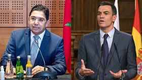 El ministro de Exteriores marroquí, Naser Burita (izq.) y Pedro Sánchez en una cumbre este lunes (der.).