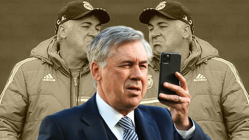 Carlo Ancelotti, en un fotomontaje con una imagen de su primera etapa en el Real Madrid