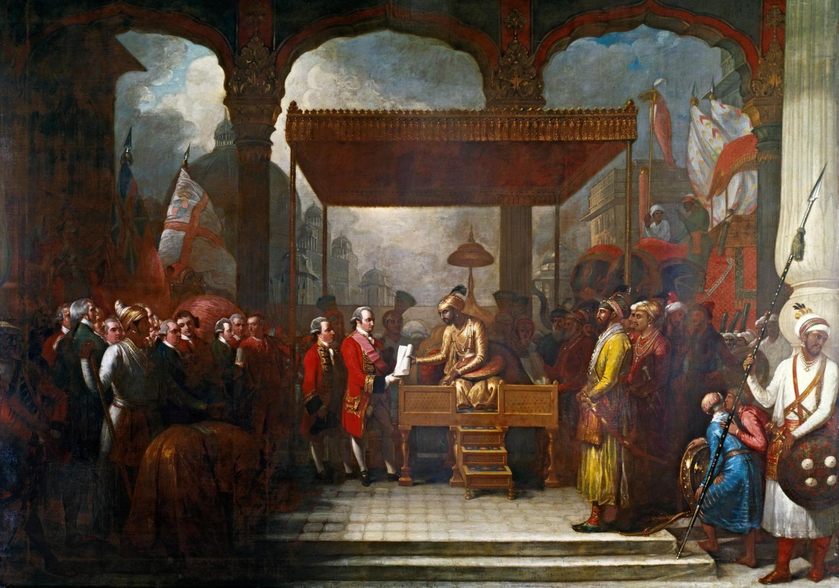 'Shah Alam otorga el diwani a lord Clive'. Un cuadro de Benjamin West.