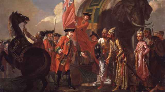 'Robert Clive se encuentra con Mir Jafar tras la batalla de Plassey'. Un lienzo de Francis Hayman.