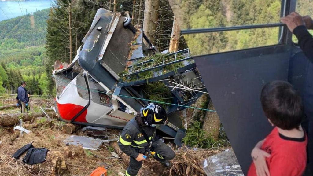 A la izquierda, el teleférico tras el accidente. A la derecha, Eitan dentro de la cabina antes del suceso.