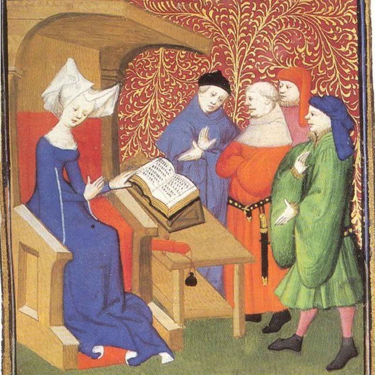 Christine de Pizan dando una conferencia a un grupo de hombres.