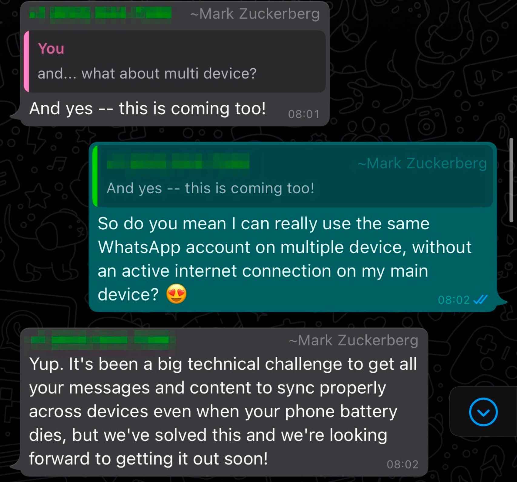 Conversación entre Mark Zuckerberg y WABetaInfo
