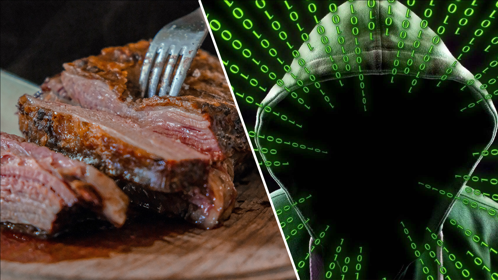 Fotomontaje entre la ilustración de un hacker y un pedazo de carne.