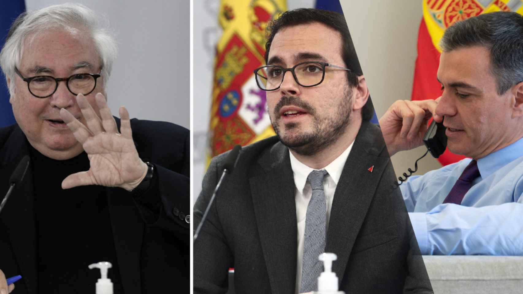 Los ministros Manuel Castells y Alberto Garzón y el presidente del Gobierno, Pedro Sánchez.