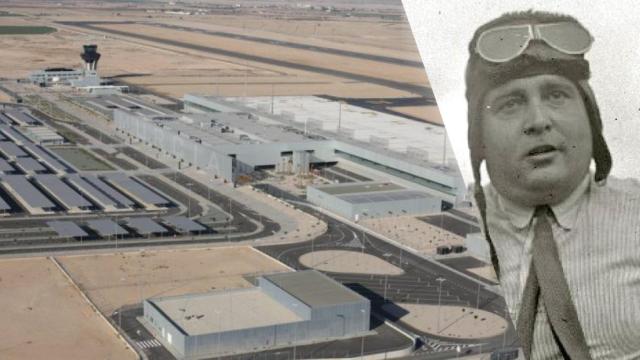 El aeropuerto de Murcia junto a una foto del ingeniero Juan de la Cierva.