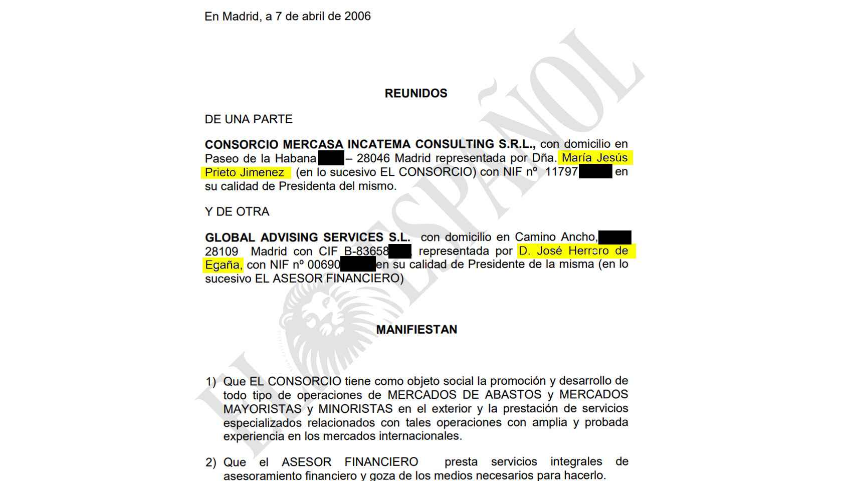 El contrato firmado en 2009 (pero fechado en abril de 2006) entre María Jesús Prieto y José Herrero de Egaña, por el que Mercasa pagó comisiones al sobrino de Cospedal en República Dominicana.