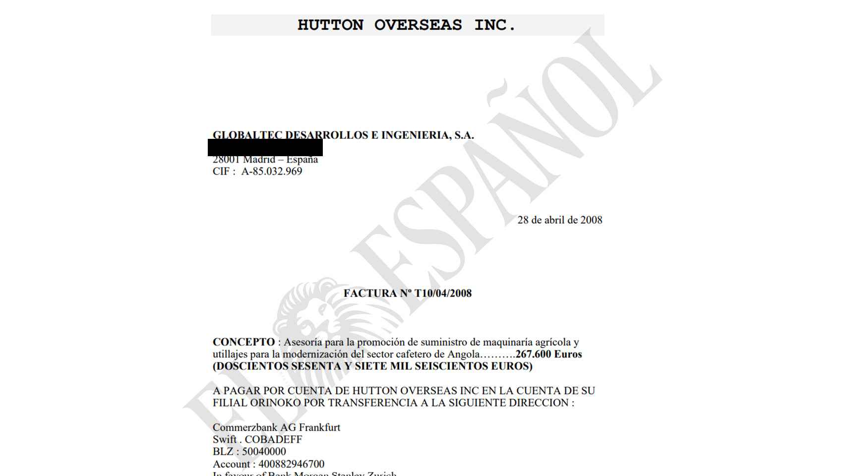 Una de las facturas con las que Globaltec justificó en 2008 los pagos a la sociedad panameña de Herrero de Egaña, Hutton Overseas.