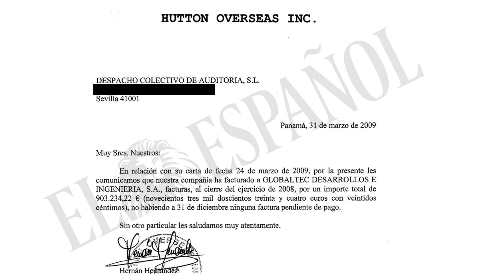 El representante legal de Hutton Overseas Inc justificó en esta carta los pagos de Globaltec recibidos en Suiza.