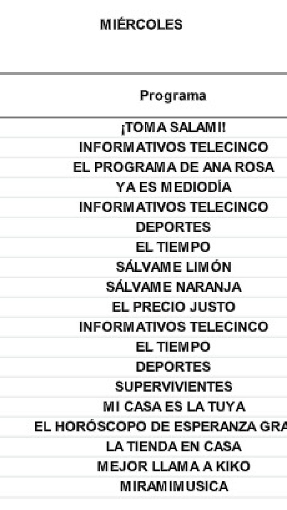 Parrilla de Telecinco del miércoles 9 de junio.