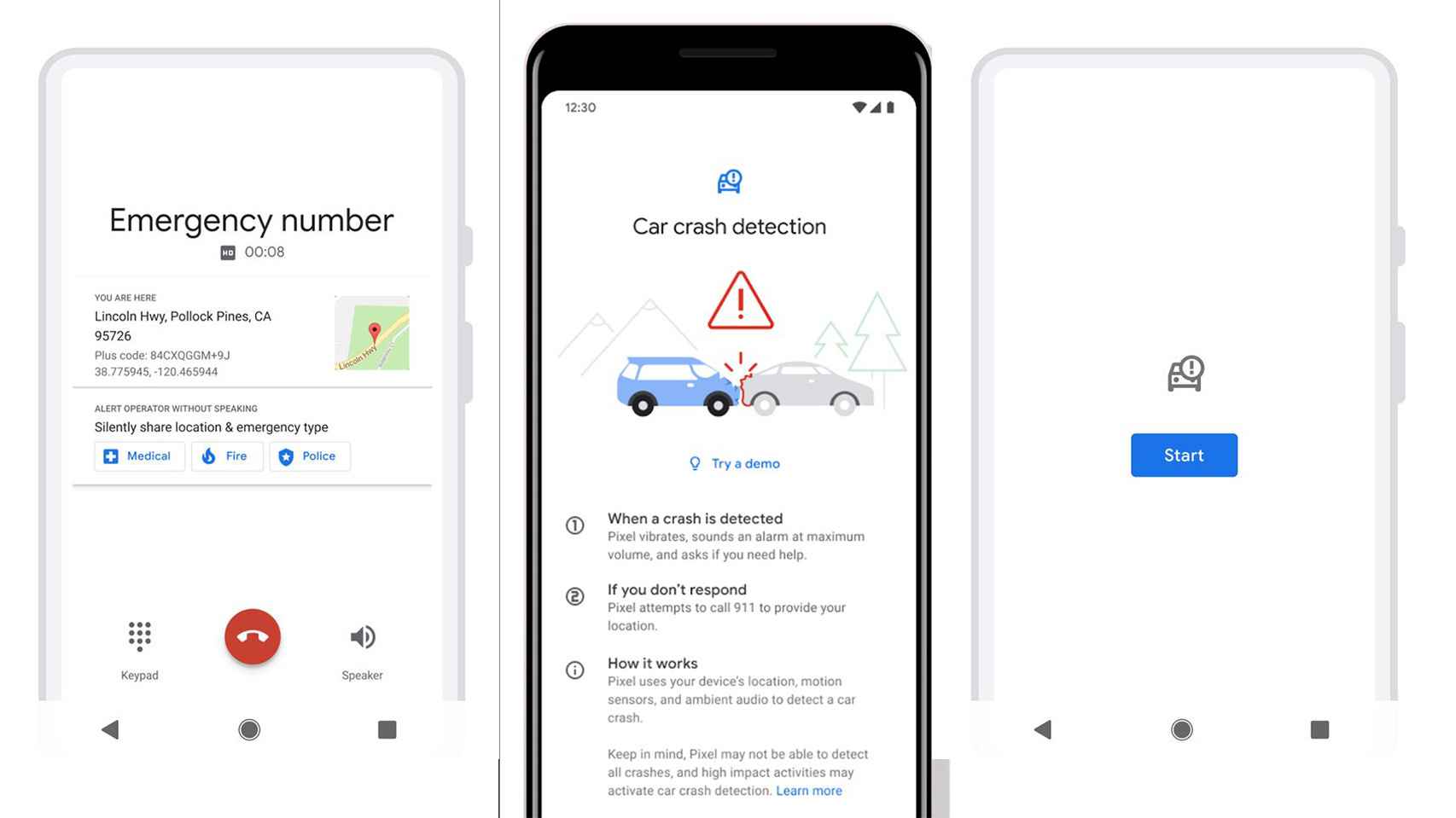 Interfaz de la detección de accidentes en el Google Pixel