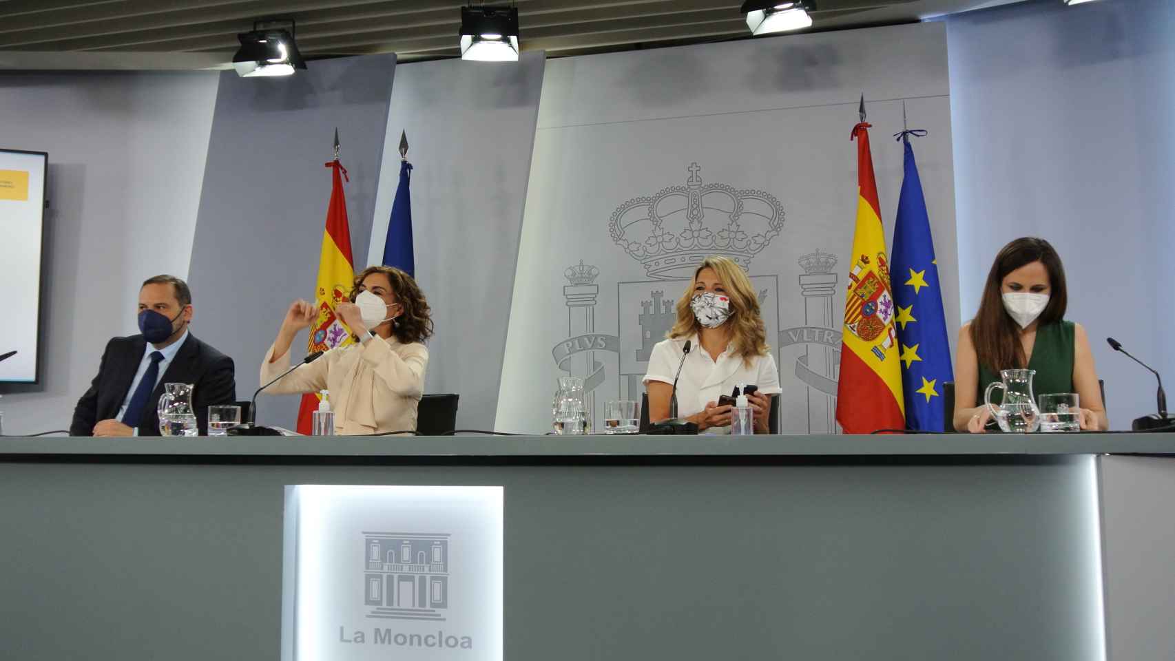 La última imagen juntos de José Luis Ábalos y Ione Belarra, en rueda de prensa junto a María Jesús Montero y Yolanda Díaz, el pasado 8 de junio, en Moncloa.