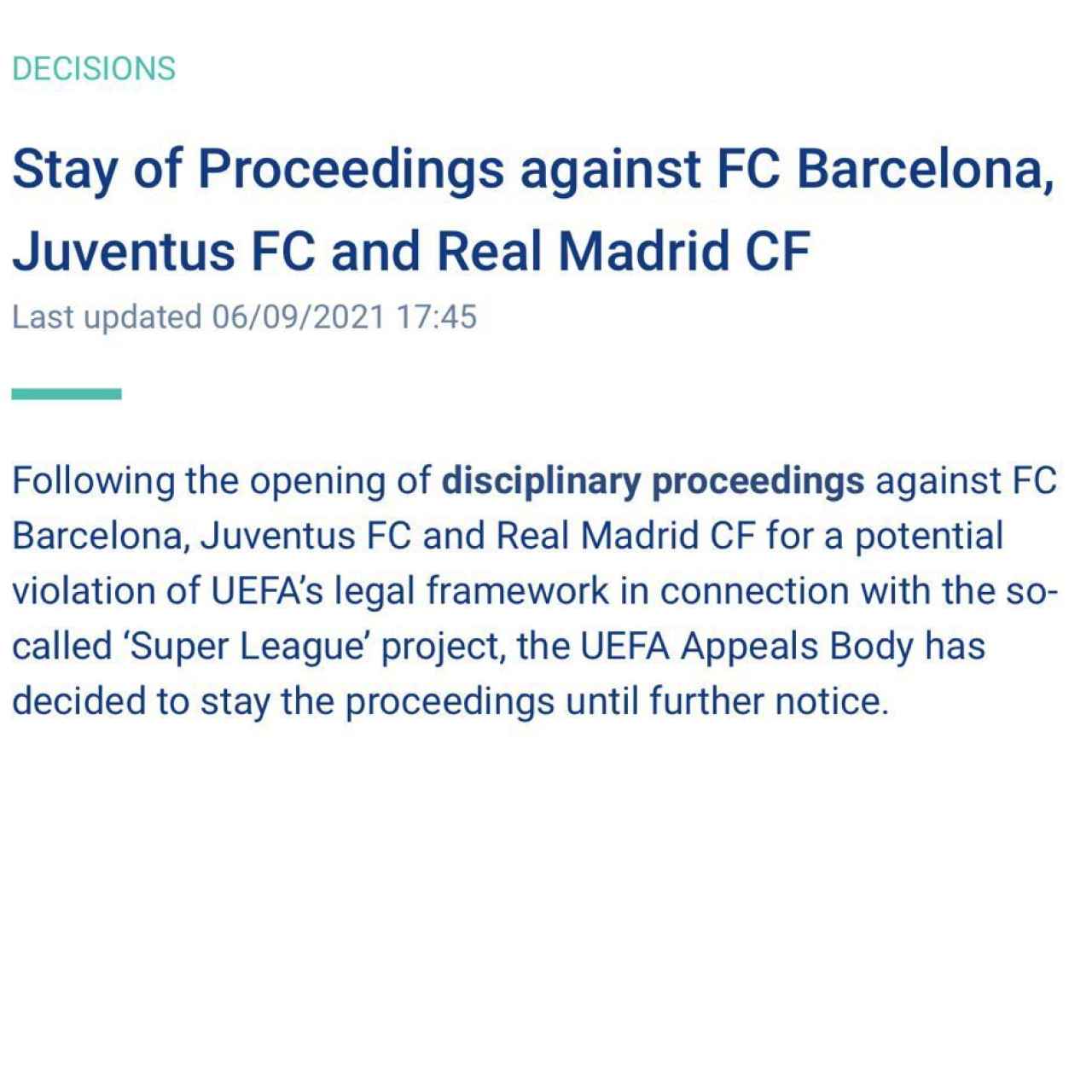 La nota de UEFA anunciando la paralización del expediente sancionador