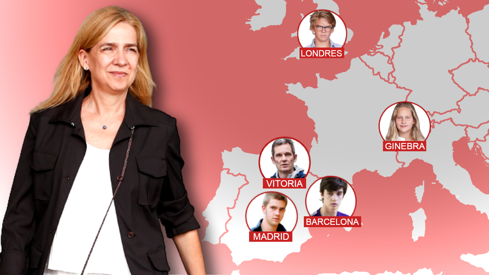 La infanta Cristina y su familia, dividida por Europa, en un montaje de Jaleos.