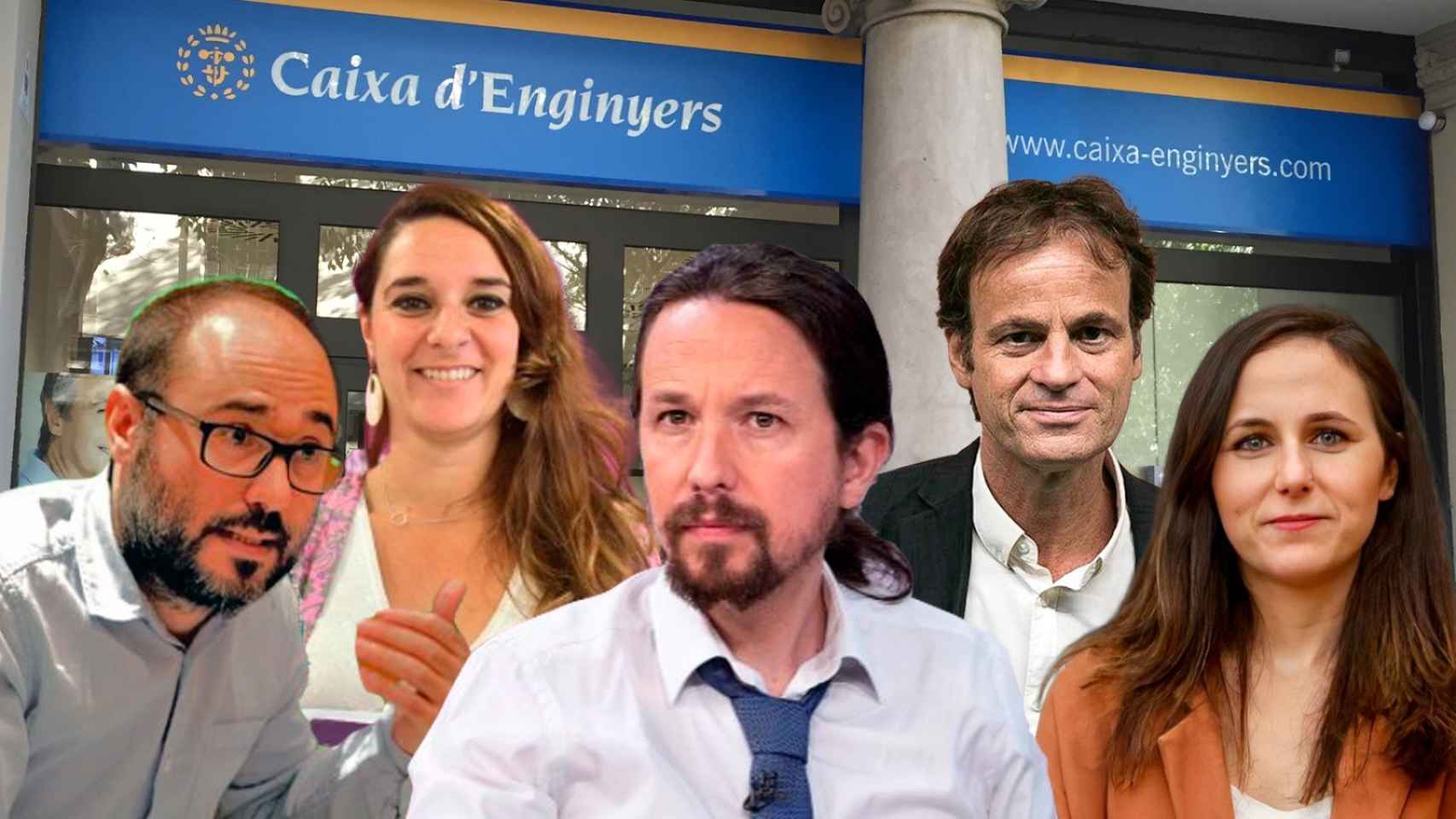 De izquierda a derecha: Daniel de Frutos, Noelia Vera, Pablo Iglesias, Jaume Asens e Ione Belarra.