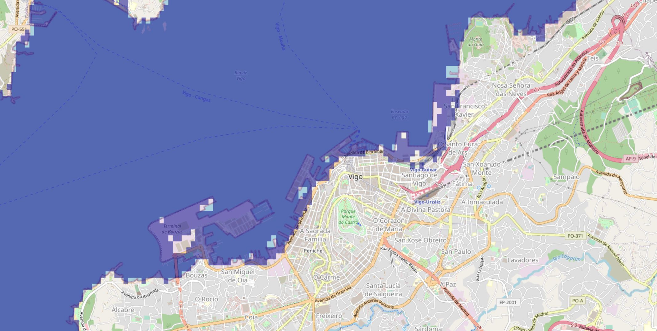 Mapa de Vigo simulando una subida del nivel del mar de 5 metros