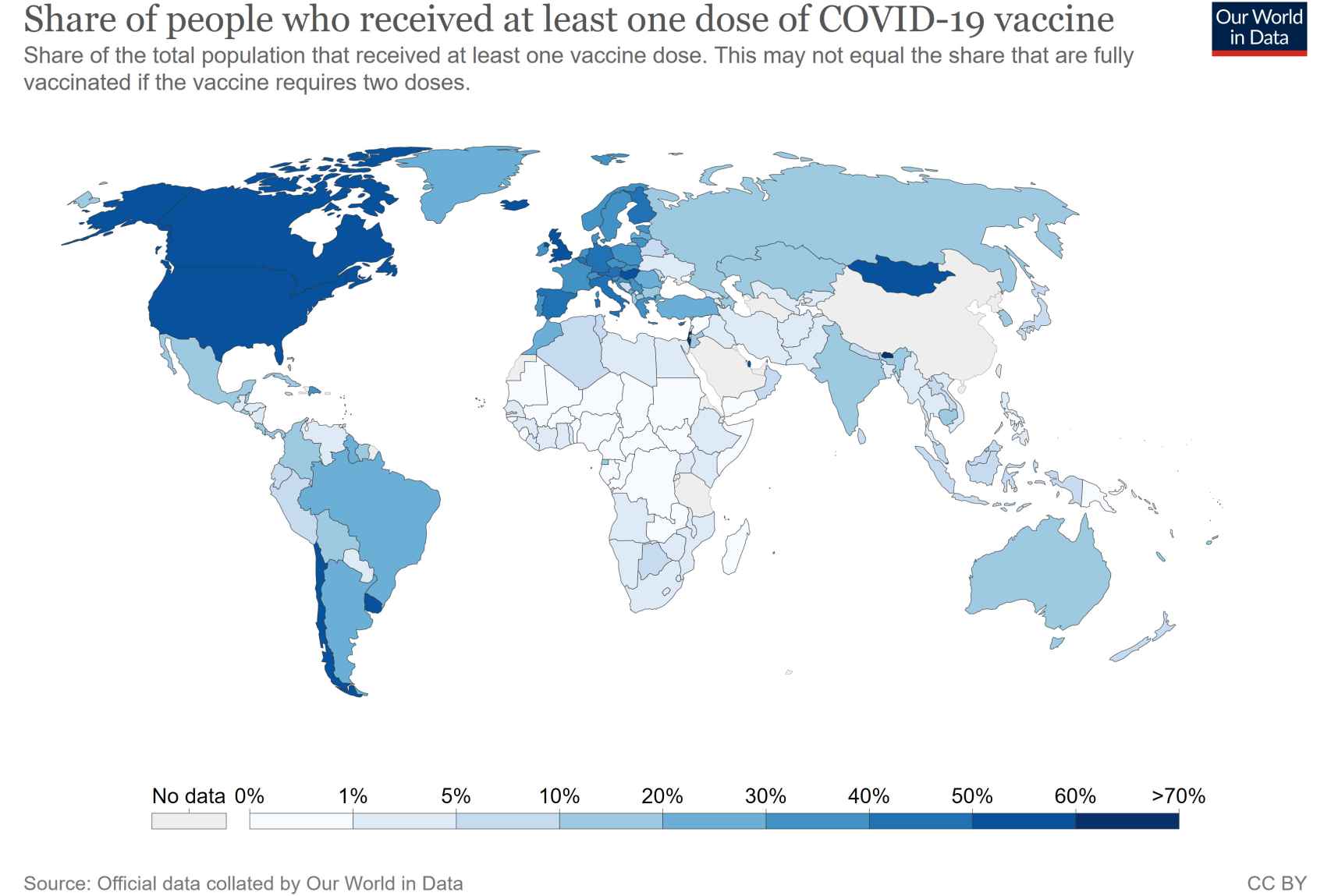 Porcentaje de vacunados en el mundo (con al menos una dosis).
