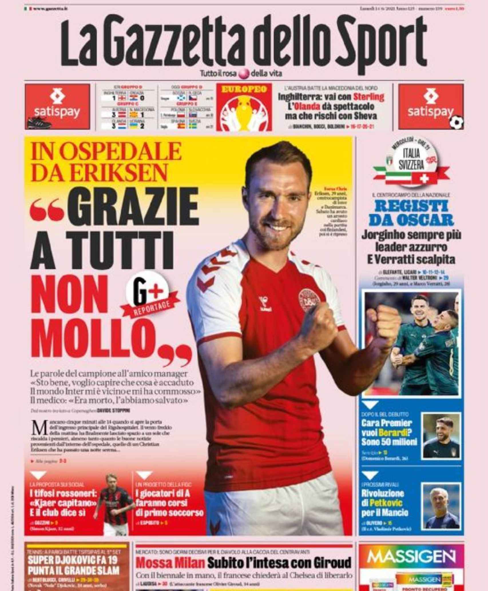 La portada del diario La Gazzetta dello Sport (14/06/2021)