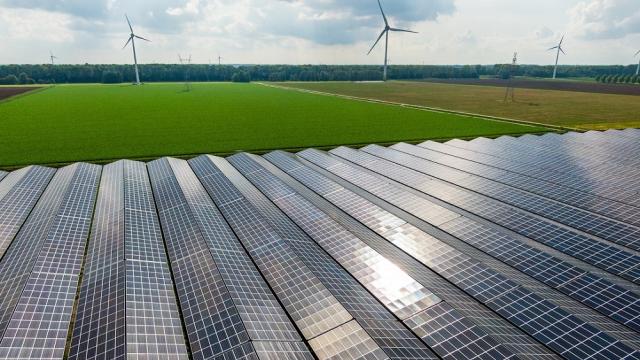 Placas solares con aerogeneradores al fondo.