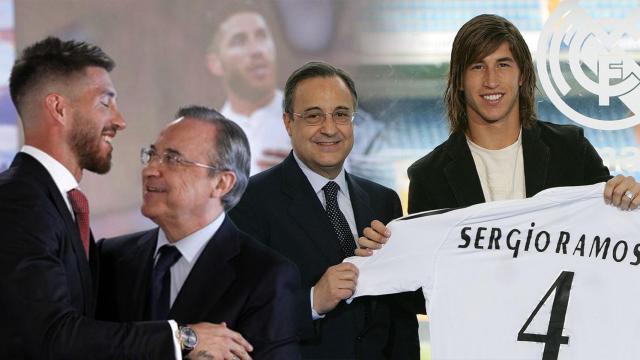 Sergio Ramos y Florentino Pérez en 2005 y en una foto reciente