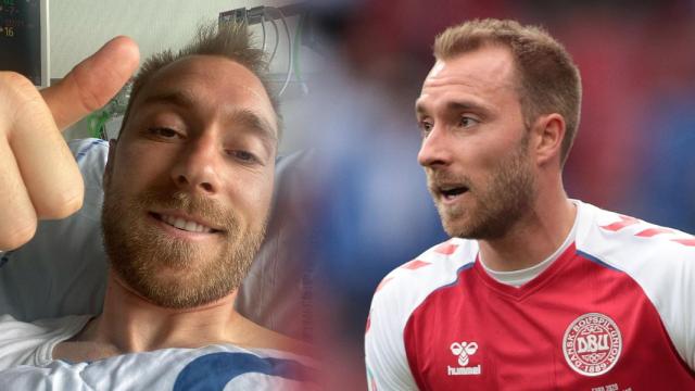 Christian Eriksen, en un fotomontaje en el hospital y durante un partido con Dinamarca