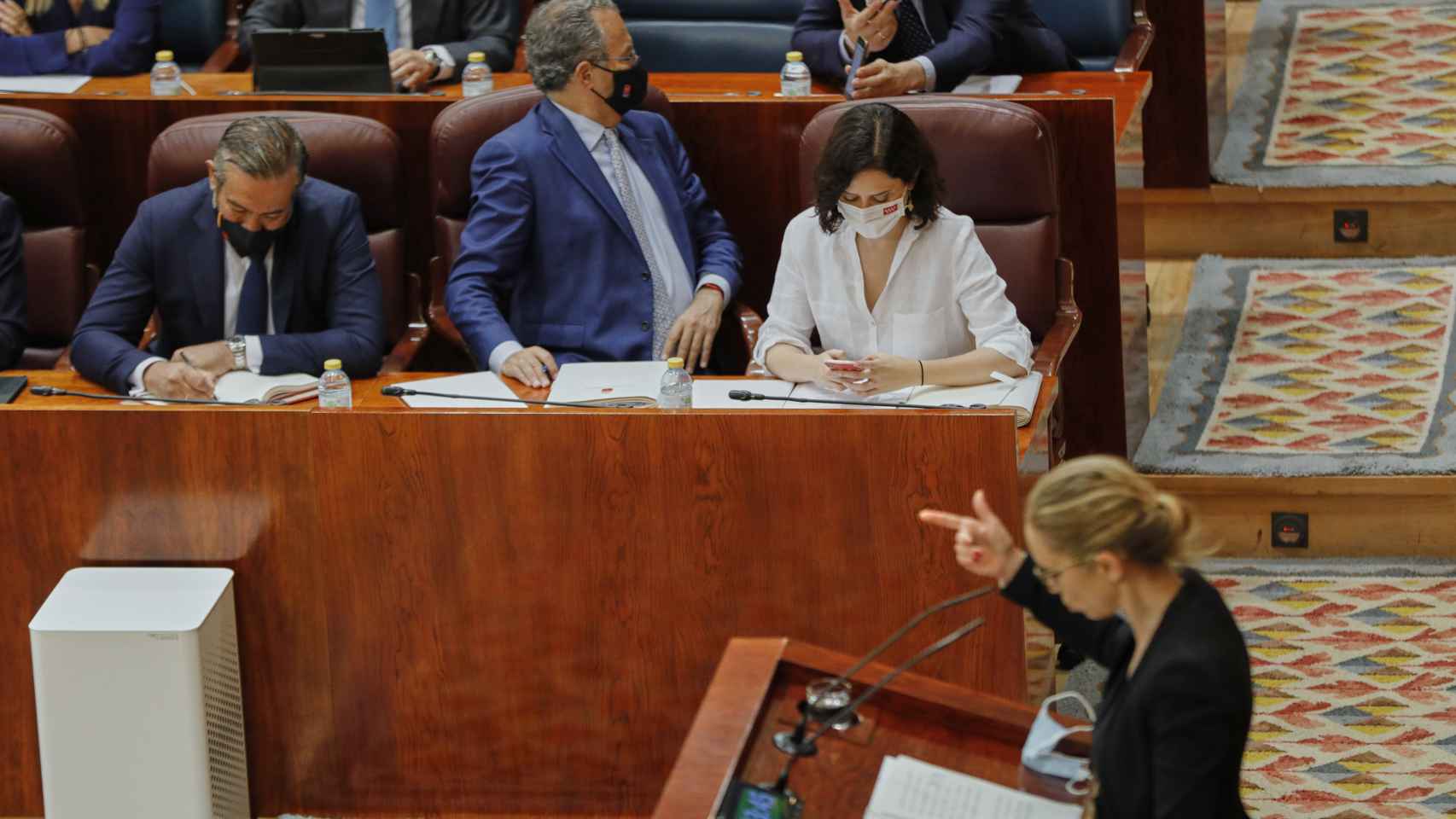 La nueva portavoz de Unidas Podemos en la Asamblea de Madrid, Carolina Alonso, interviene durante la segunda sesión del pleno de investidura.