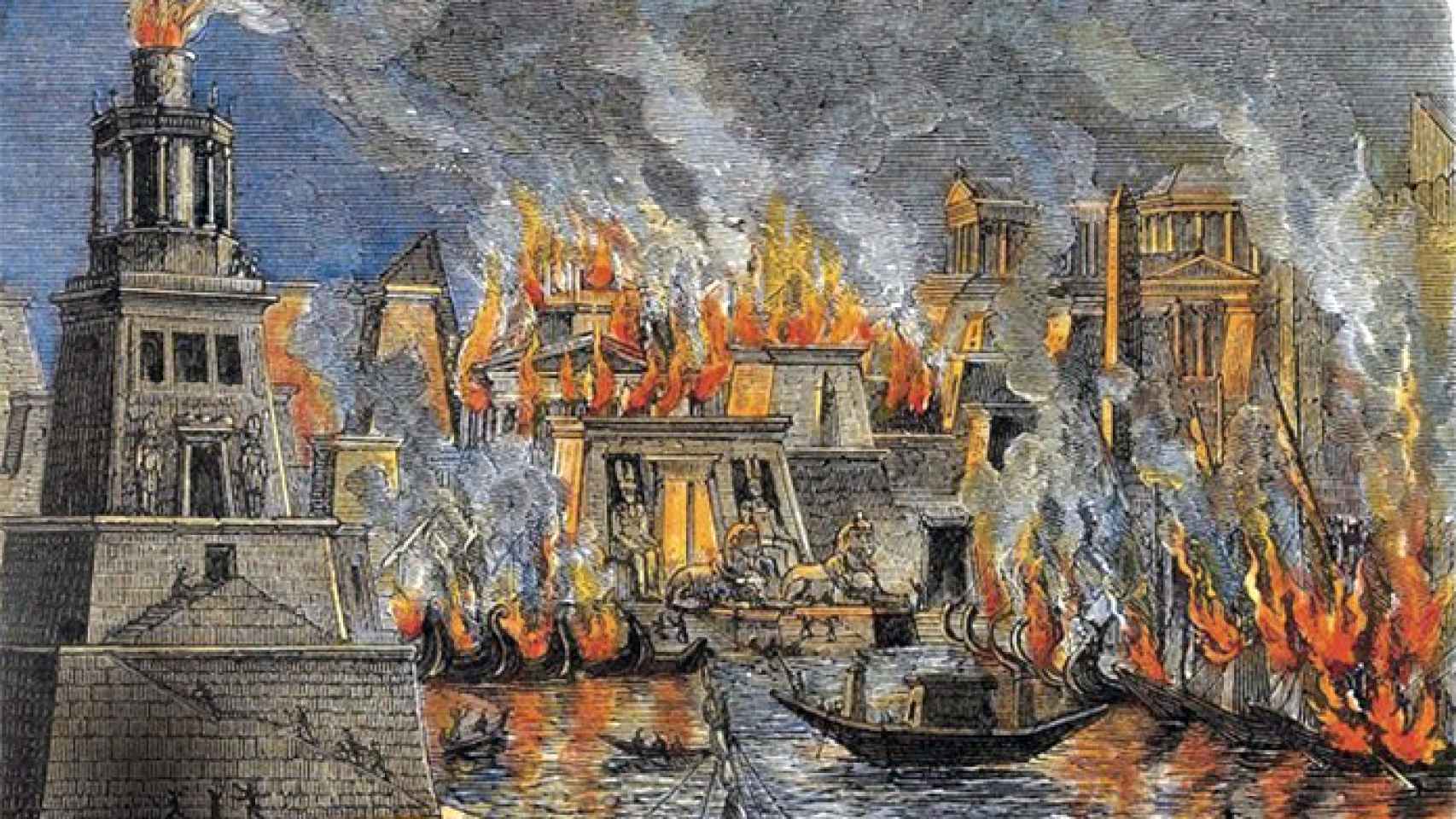 Grabado de 1847 que recrea el famoso incendio de la Biblioteca de Alejandría