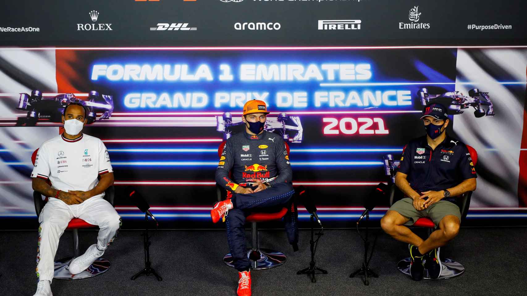 Hamilton, Max Verstappen y 'Checo' Pérez tras el GP de Francia