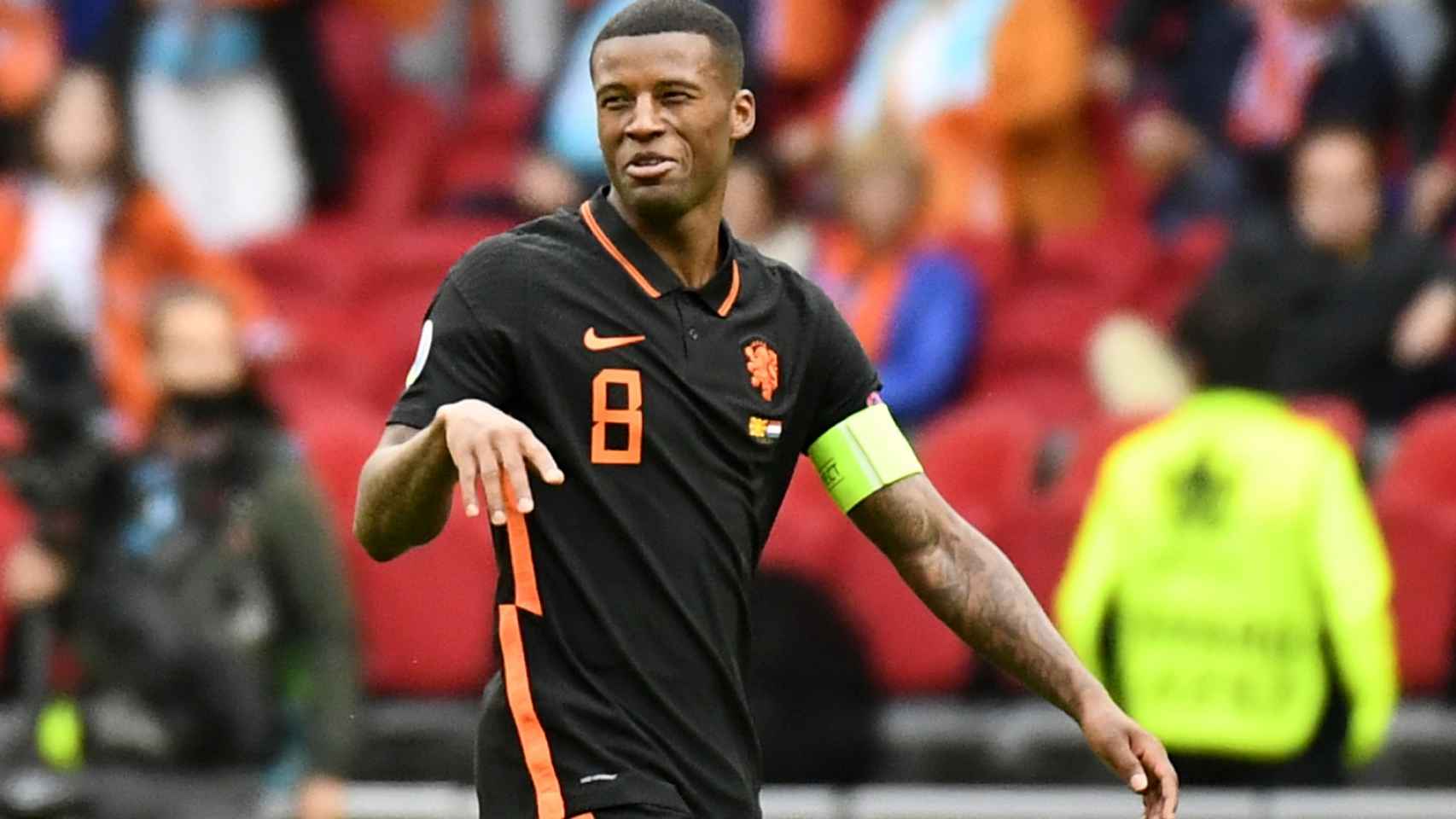 Giorginio Wijnaldum celebra un gol con la selección de Holanda en la Eurocopa 2020