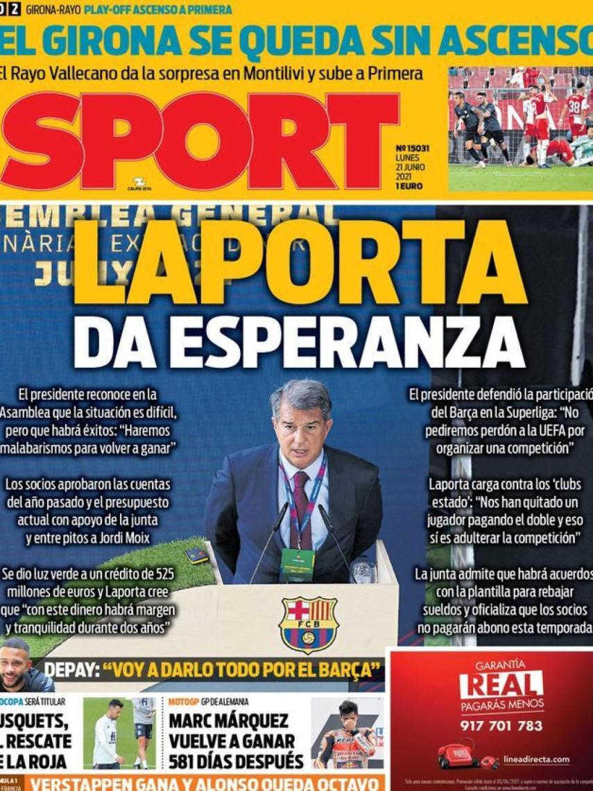 La portada del diario SPORT (21/06/2021)