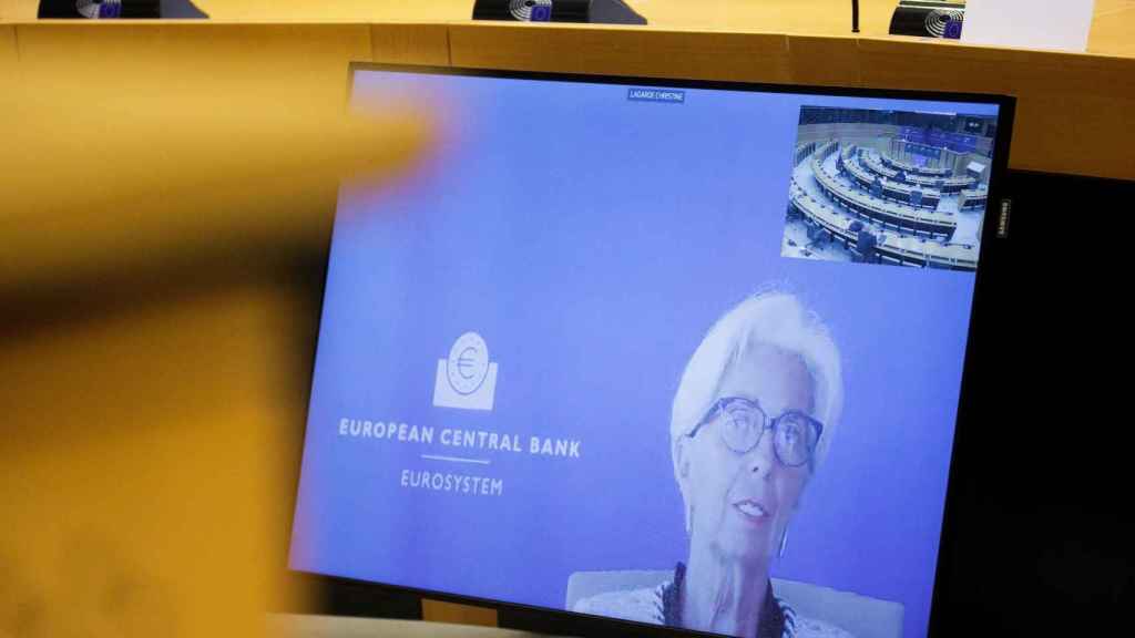 La presidenta del BCE, Christine Lagarde, en una comparecencia virtual en la Eurocámara.