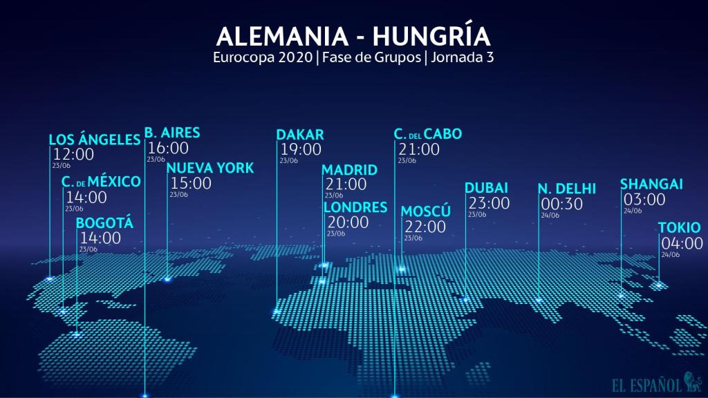 El horario internacional del Alemania - Hungría de la Eurocopa