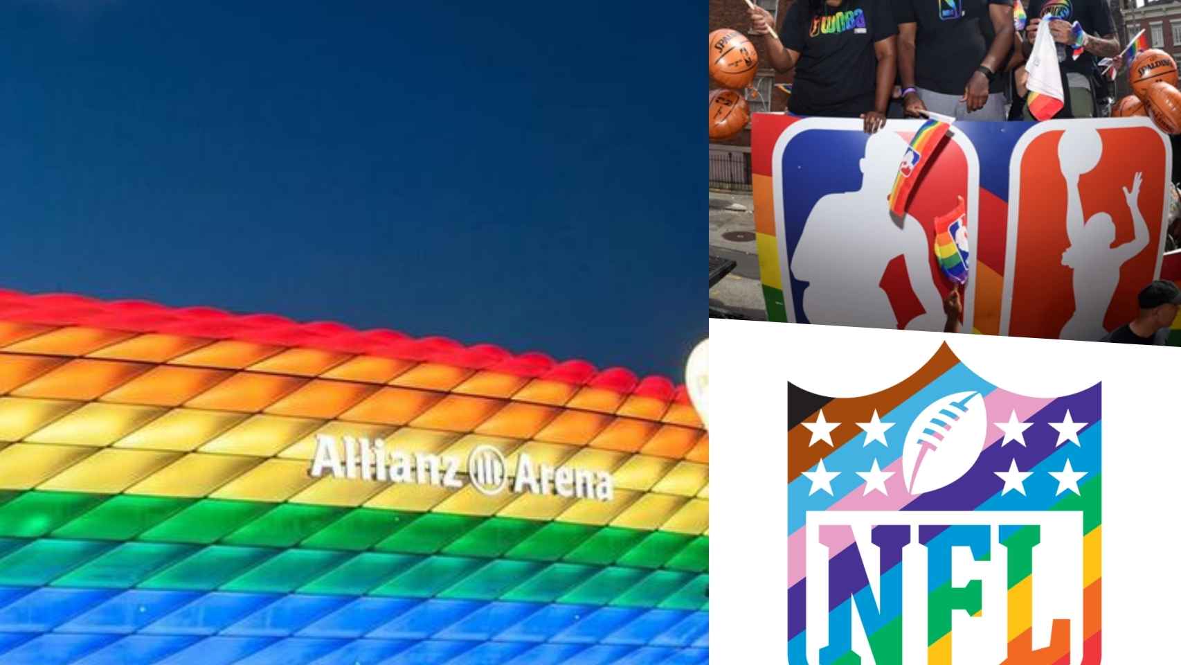El Allianz Arena iluminado con la bandera LGTB, un acto de la NBA para promover la cultura LGTB y el cambio de logo de la NFL con el arcoíris, en un fotomontaje