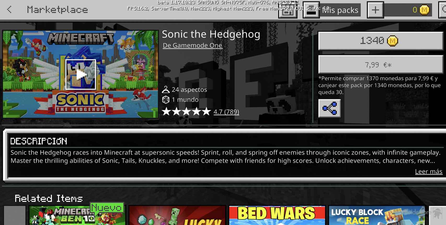 Sonic en el marketplace de Minecraft