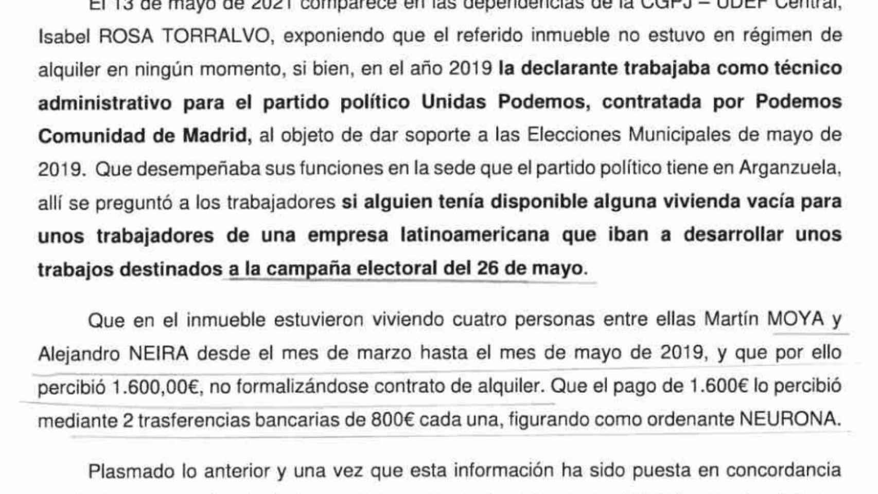 Fragmento de la declaración ante la UDEF de la empleada de Podemos que alquiló el piso de sus padres a cuatro trabajadores de Neurona.