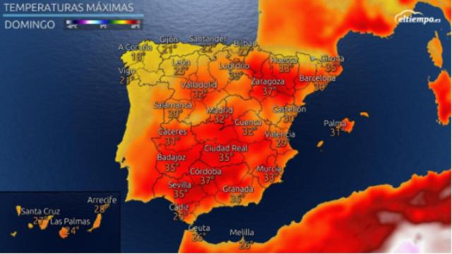 Temperaturas máximas previstas para el domingo. Eltiempo.es.