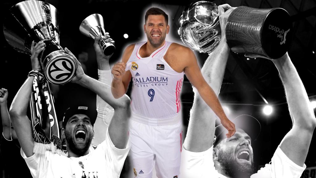 Felipe Reyes, levantando una Euroliga y una Liga Endesa, en un fotomontaje